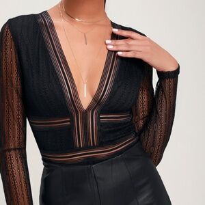 Lulus Casita Black Sheer Lace Long Sleeve Bodysuit - Size XS